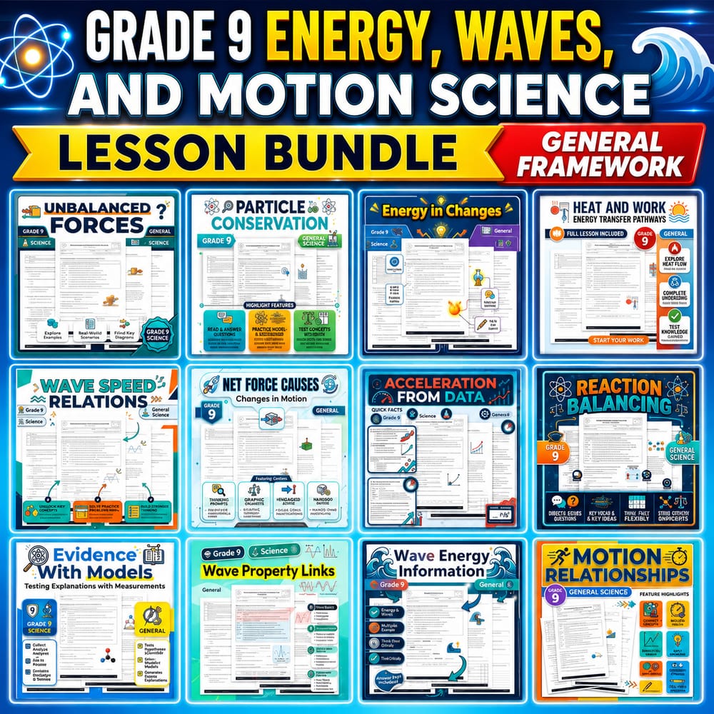 Grade 9 Energy, Waves, and Motion Science Lesson Bundle: General Framework — bundle cover