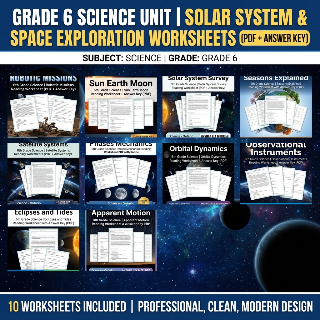 Grade 6 Science Unit | Solar System, Satellites & Celestial Mechanics Worksheet — bundle cover