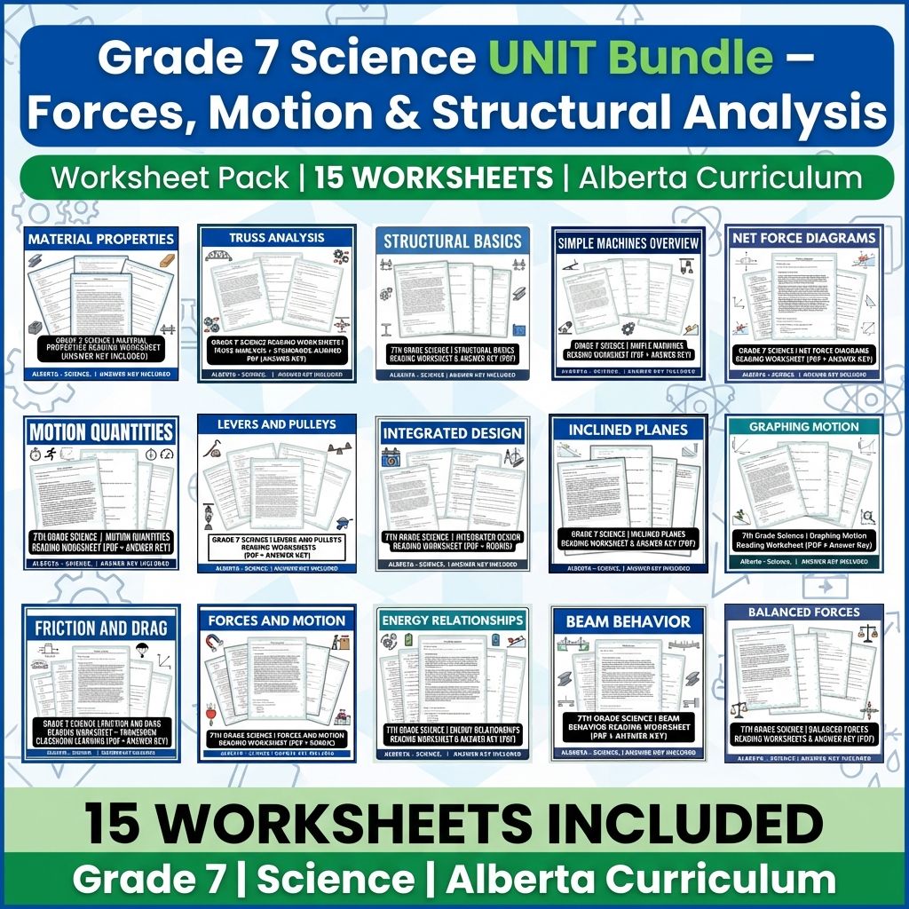 Grade 7 Science | Forces, Motion & Structural Concepts (Answer Keys Included) — bundle cover