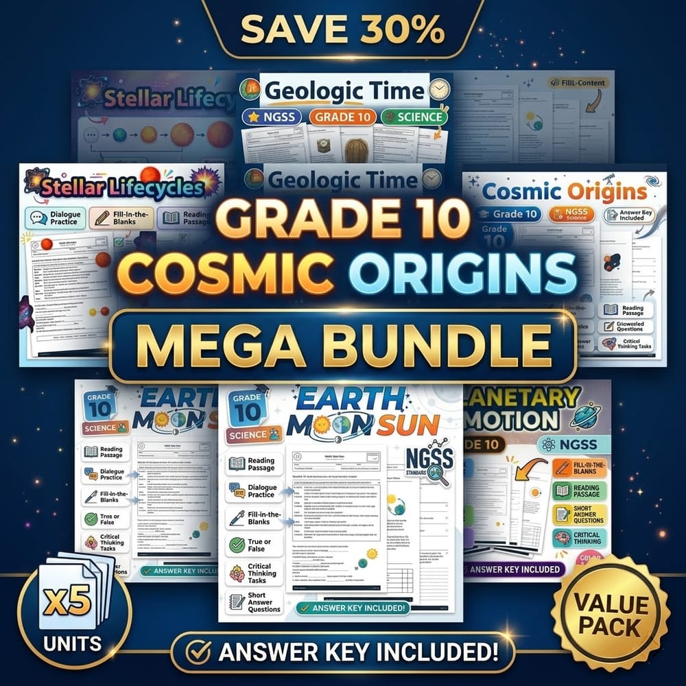 Grade 10 Cosmic Origins Space Science lesson bundle – NGSS worksheet set — bundle cover