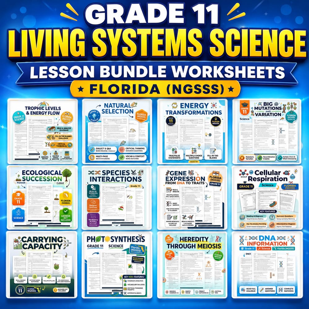 Grade 11 Living Systems Science lesson bundle worksheets | Florida (NGSSS) — bundle cover