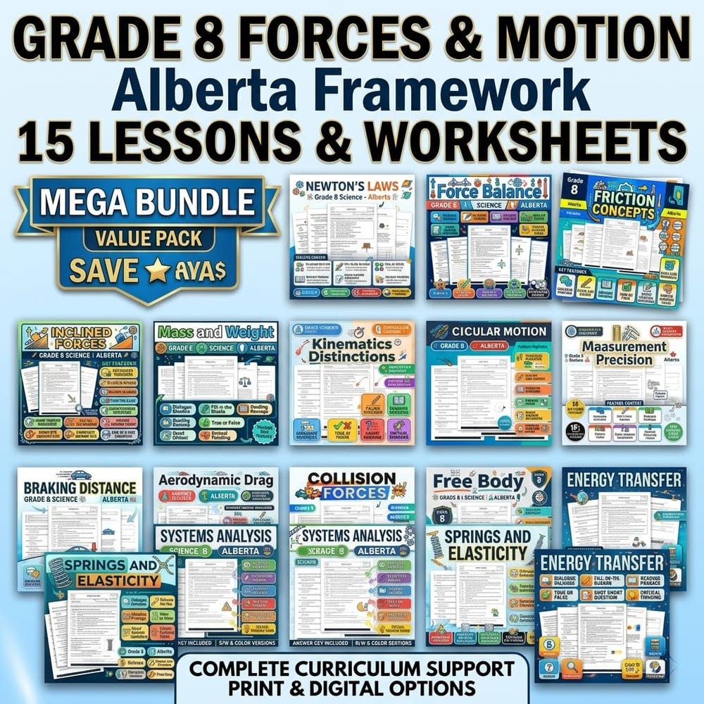 Grade 8 Forces & Motion Science Lesson Bundle – Alberta framework worksheets — bundle cover