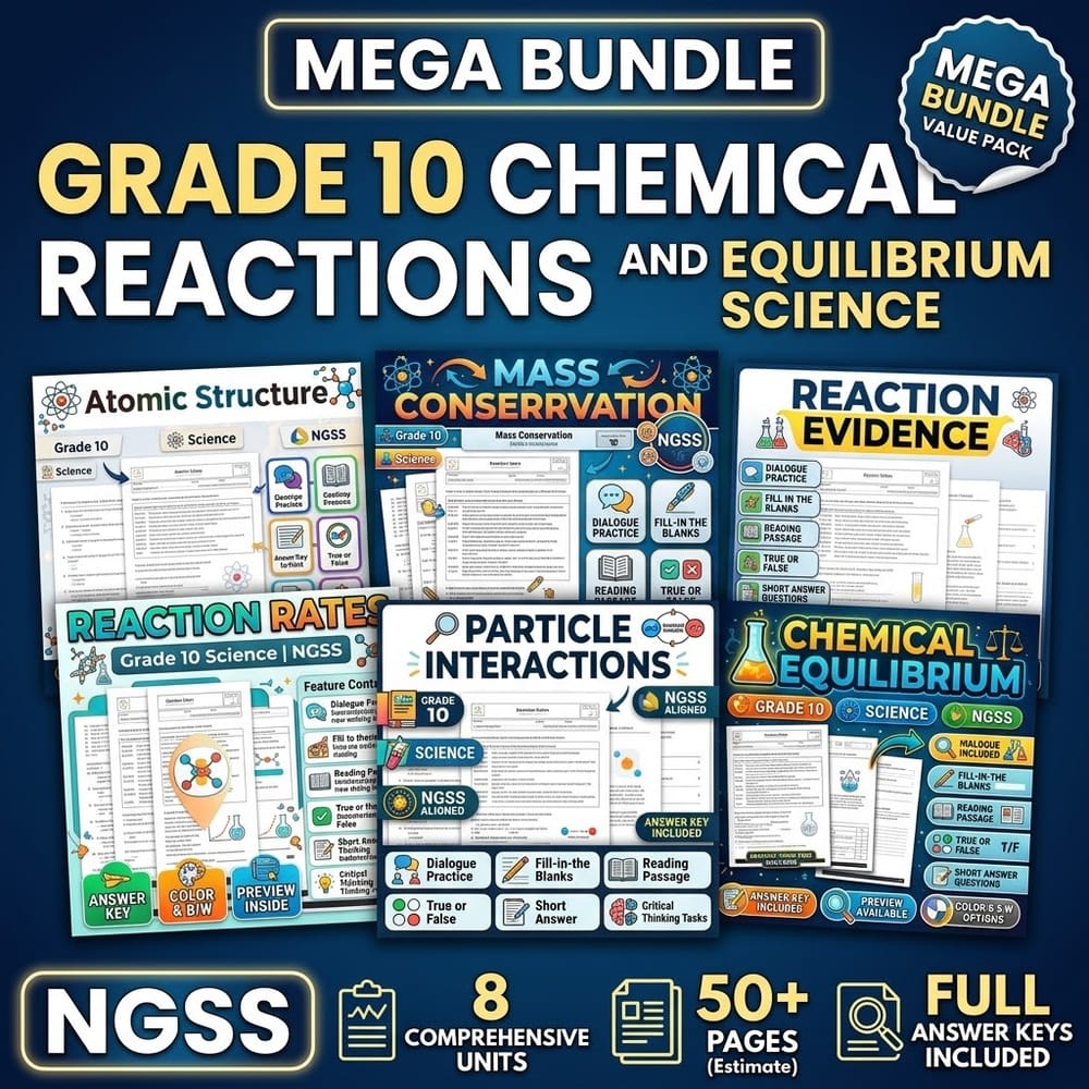Grade 10 Chemical Reactions and Equilibrium Science – Lesson Bundle NGSS — bundle cover