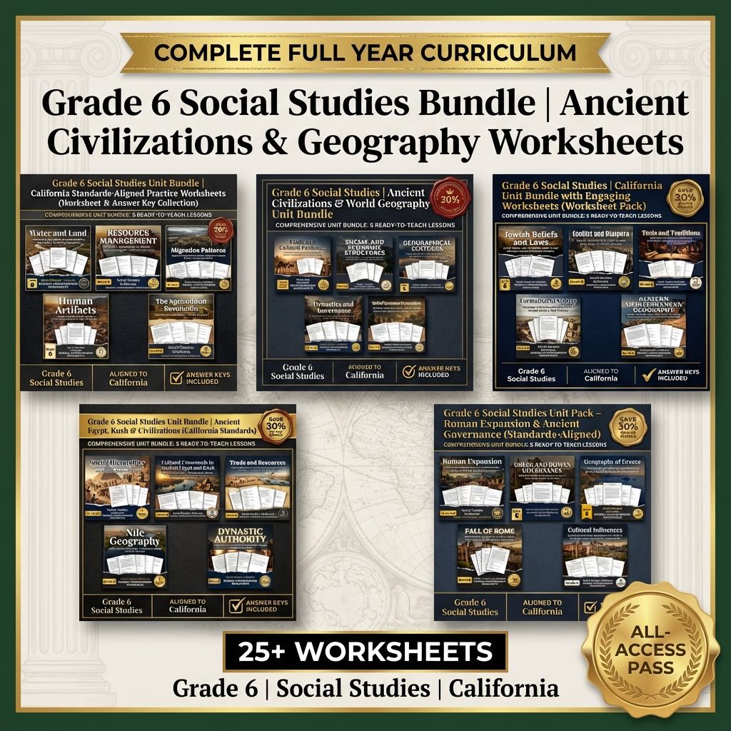 Grade 6 Social Studies Worksheet Pack | Ancient Civilizations & Geography — bundle cover