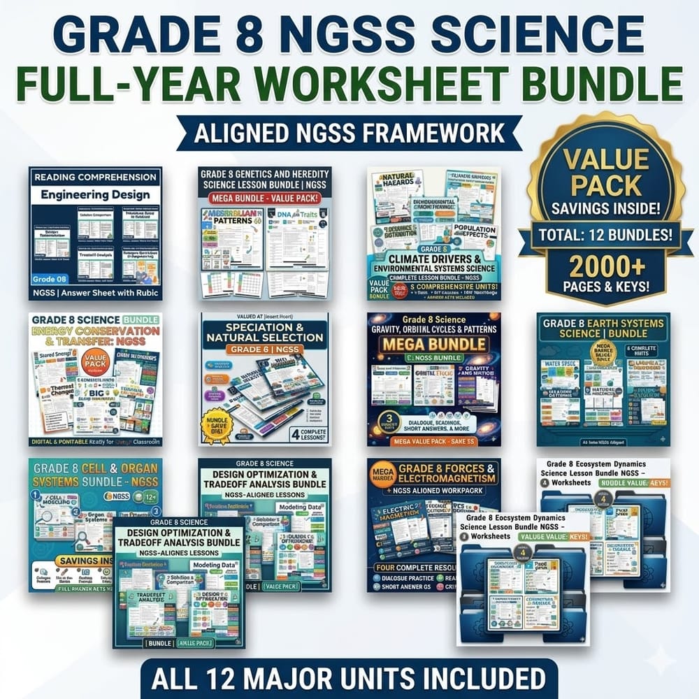 Grade 8 NGSS Science Full-Year Worksheet Bundle – Aligned NGSS Framework — bundle cover