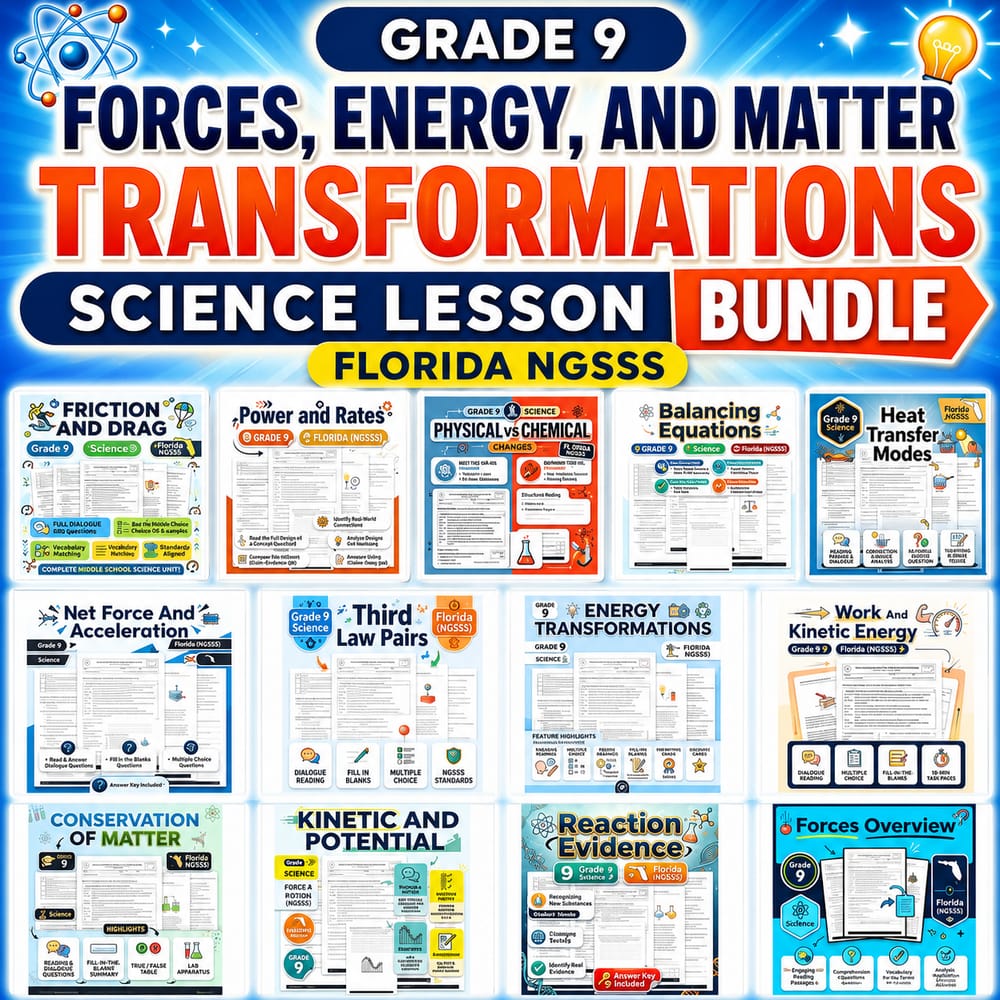 Grade 9 Forces, Energy, and Matter Transformations Science lesson bundle  — bundle cover