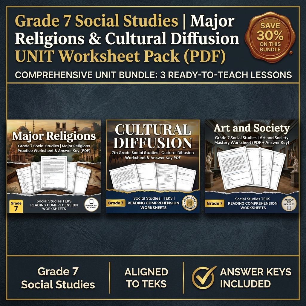 Grade 7 Social Studies – Major Religions, Cultural Diffusion & Art & Society — bundle cover