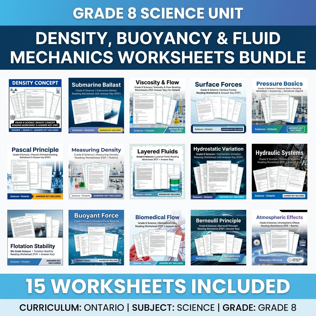Grade 8 Science Unit Bundle – Density, Pressure & Fluid Mechanics Worksheets — bundle cover