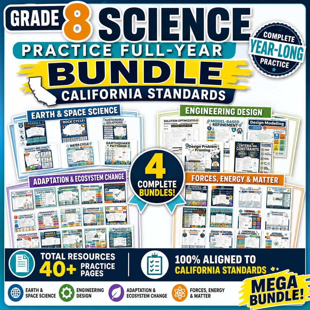 Grade 8 Science Practice Full-Year Bundle: California Standards Framework — bundle cover
