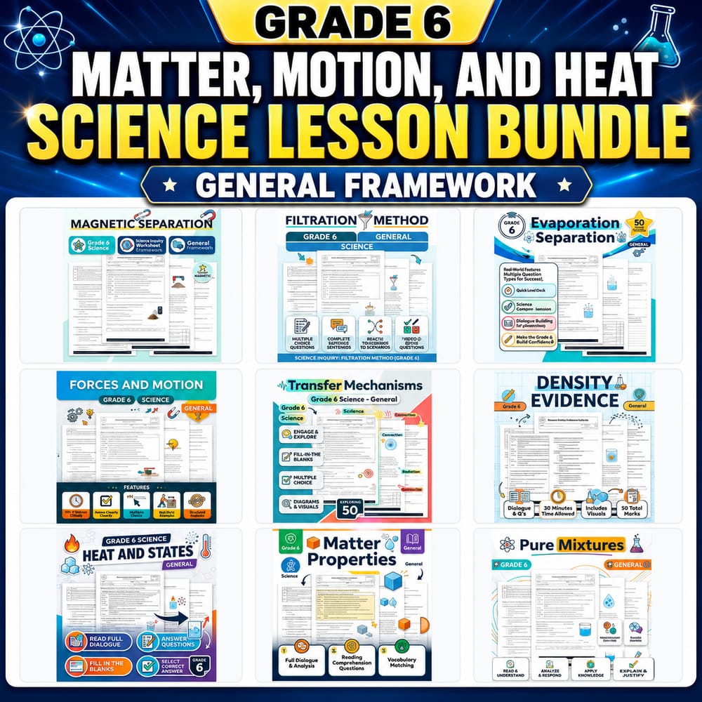 Grade 6 Matter, Motion, and Heat Science Lesson Bundle – General Framework — bundle cover