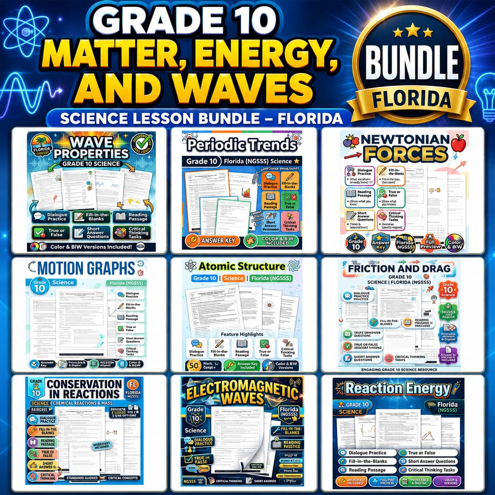 Grade 10 Matter, Energy, and Waves Science Lesson Bundle – Florida (NGSSS) — bundle cover