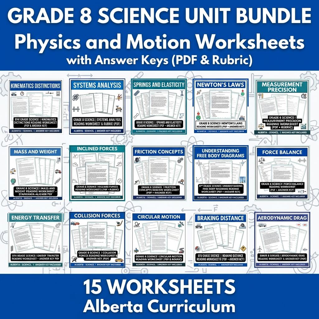 Grade 8 Science Bundle – Forces, Motion & Energy Worksheets (PDF & Answer Key) — bundle cover
