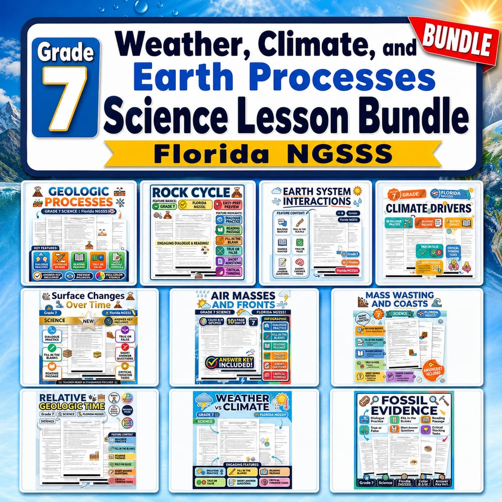 Grade 7 Weather, Climate, and Earth Processes Science Lesson Bundle — bundle cover