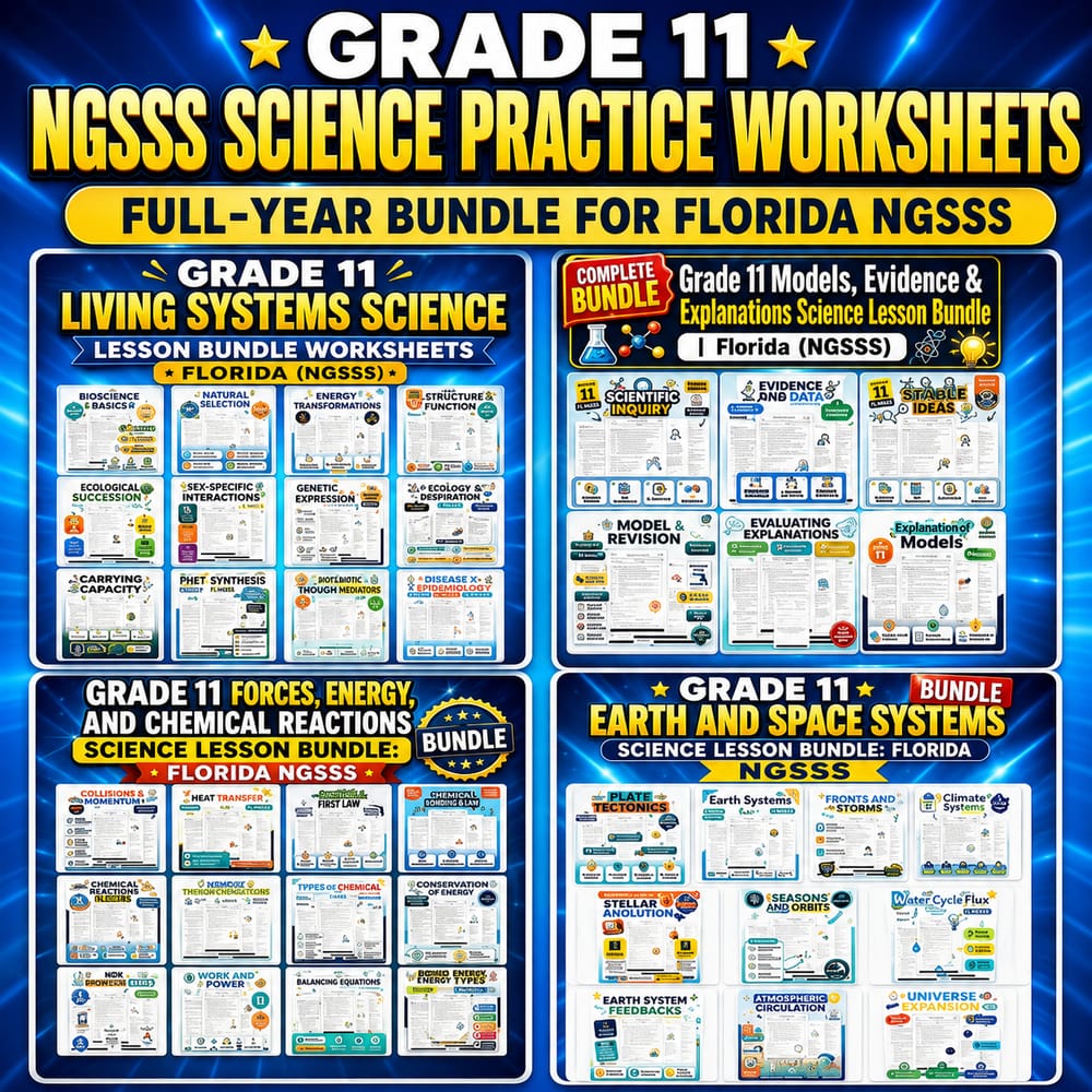 Grade 11 NGSSS Science Practice Worksheets: Full-Year Bundle for Florida NGSSS — bundle cover