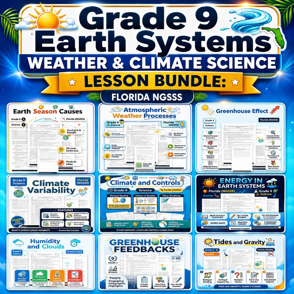 Grade 9 Earth Systems Weather & Climate Science Lesson Bundle: Florida NGSSS — bundle cover
