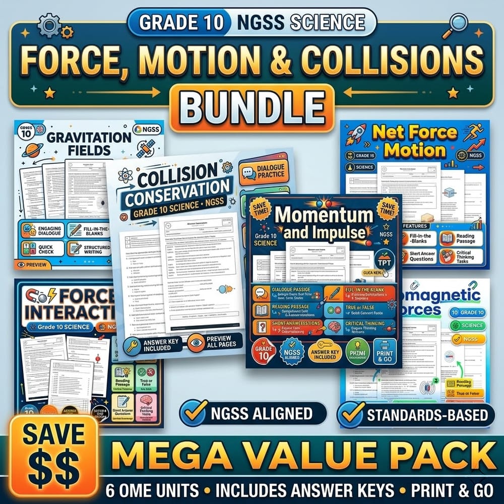 Grade 10 Forces, Momentum & Collisions Science Lesson Bundle – NGSS — bundle cover