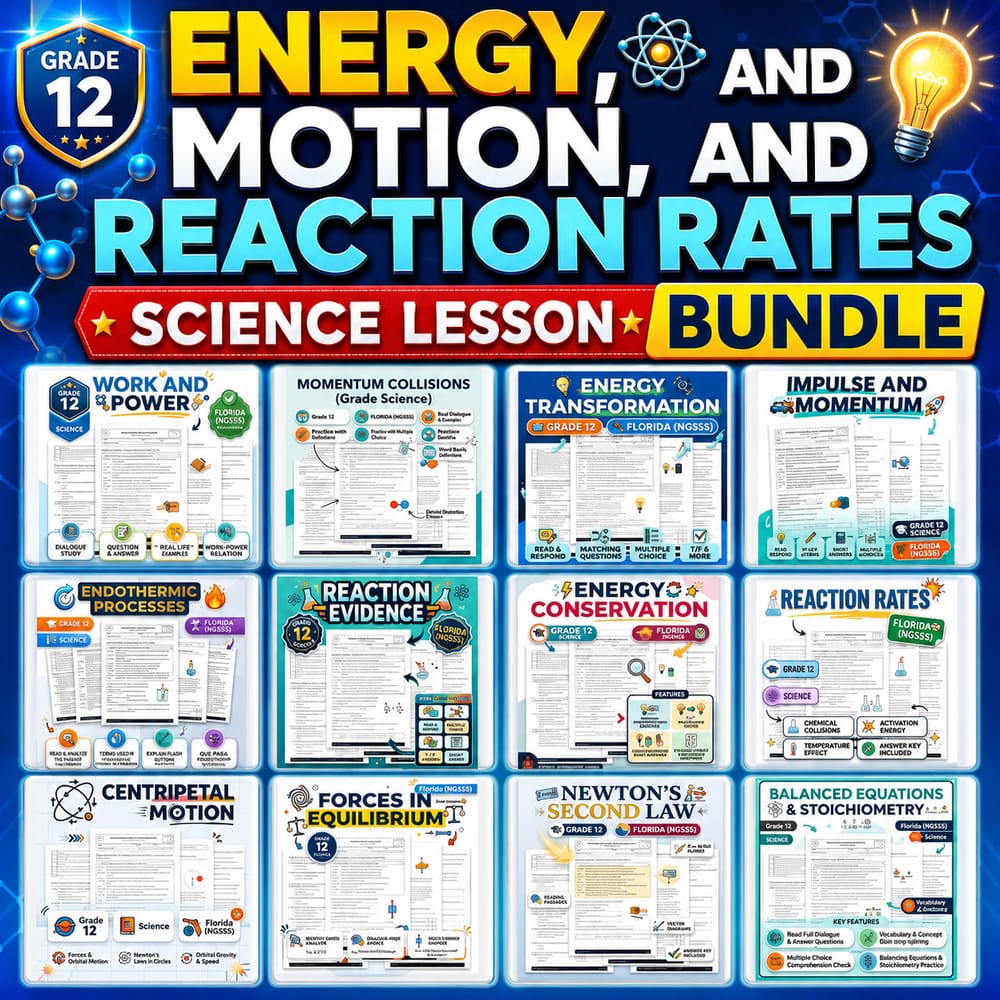 Grade 12 Energy, Motion, and Reaction Rates Science Lesson Bundle — bundle cover