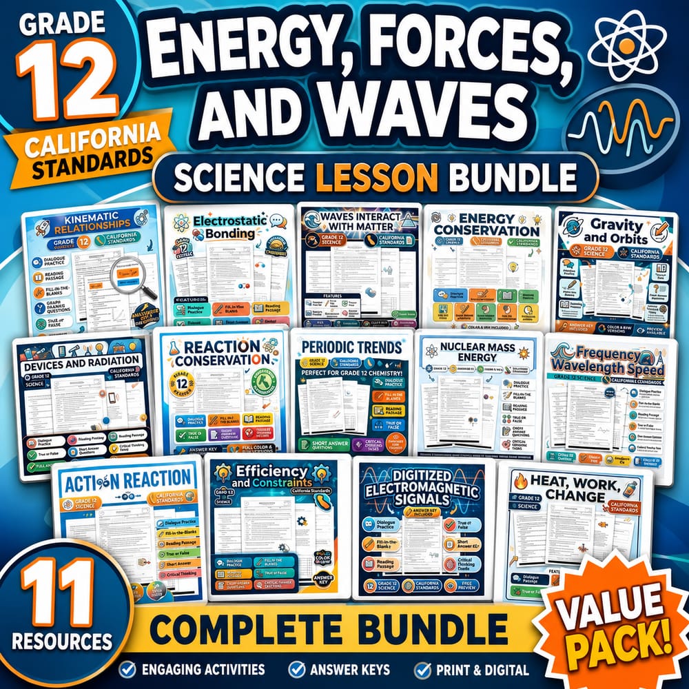 Grade 12 Energy, Forces, and Waves Science Lesson Bundle | California Standards — bundle cover