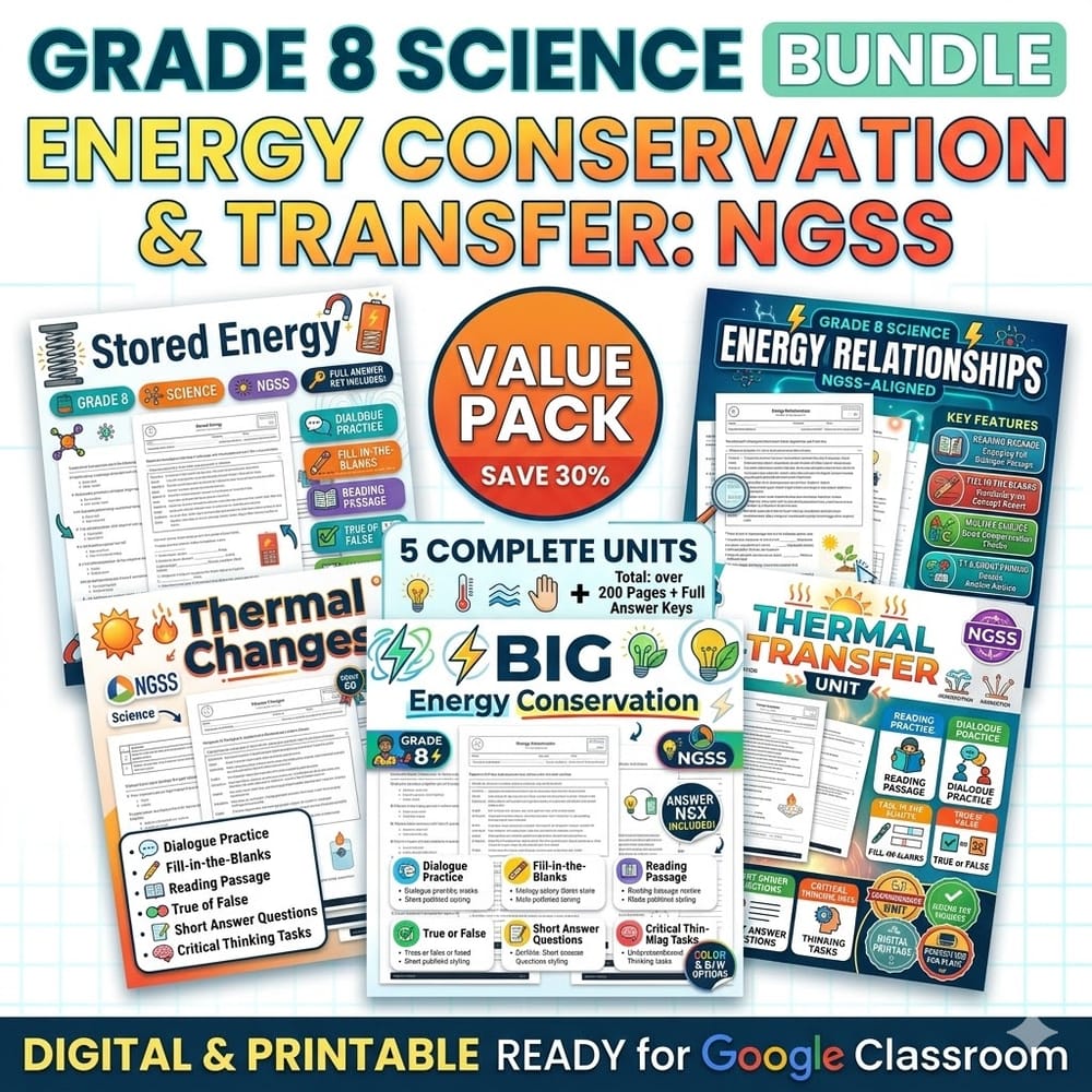Grade 8 Energy Conservation and Transfer Science Lesson Bundle: NGSS — bundle cover