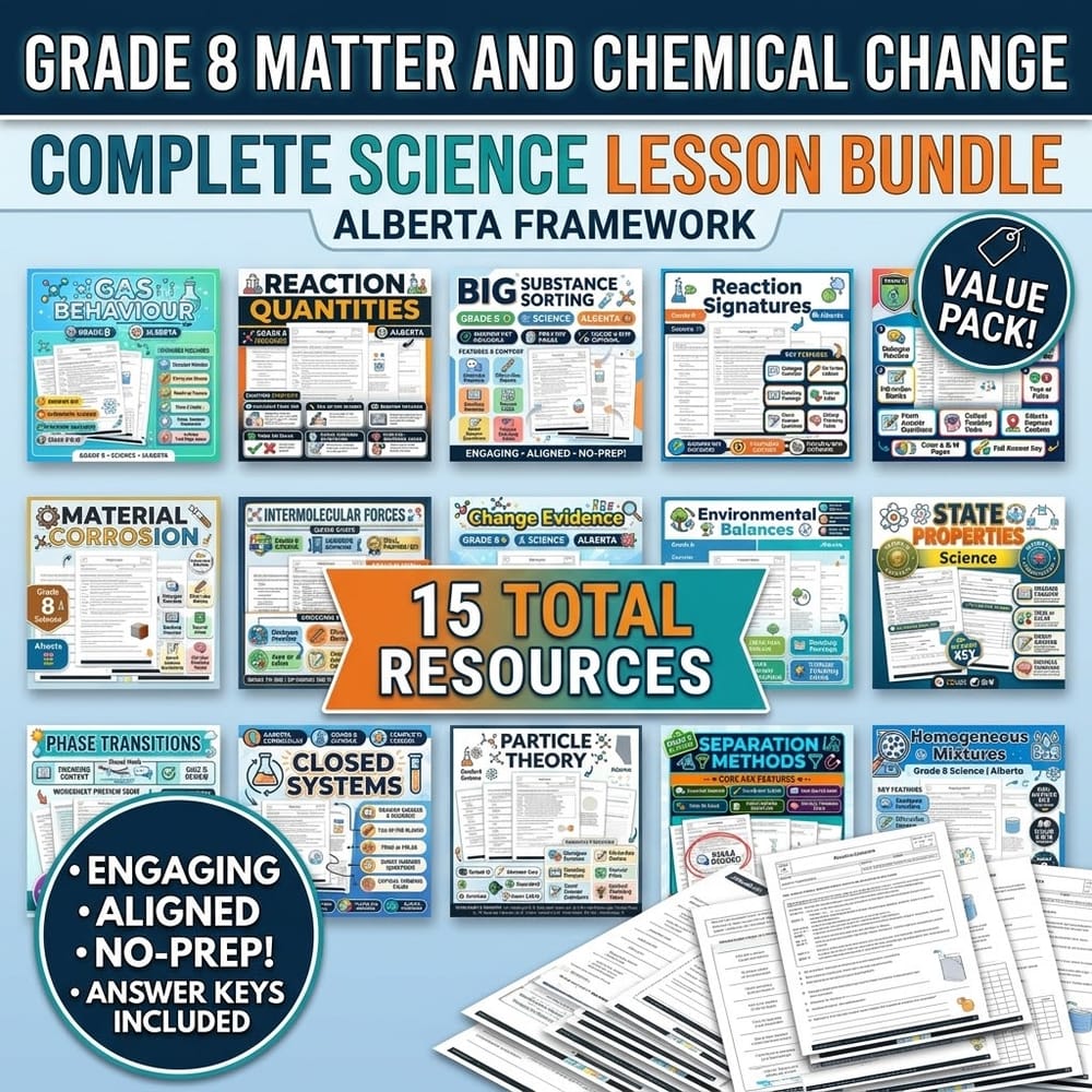 Grade 8 Matter and Chemical Change Science Lesson Bundle – Alberta Framework — bundle cover