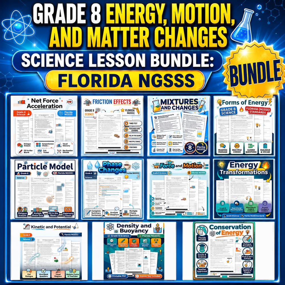 Grade 8 Energy, Motion, and Matter Changes Science Lesson Bundle: Florida NGSSS — bundle cover