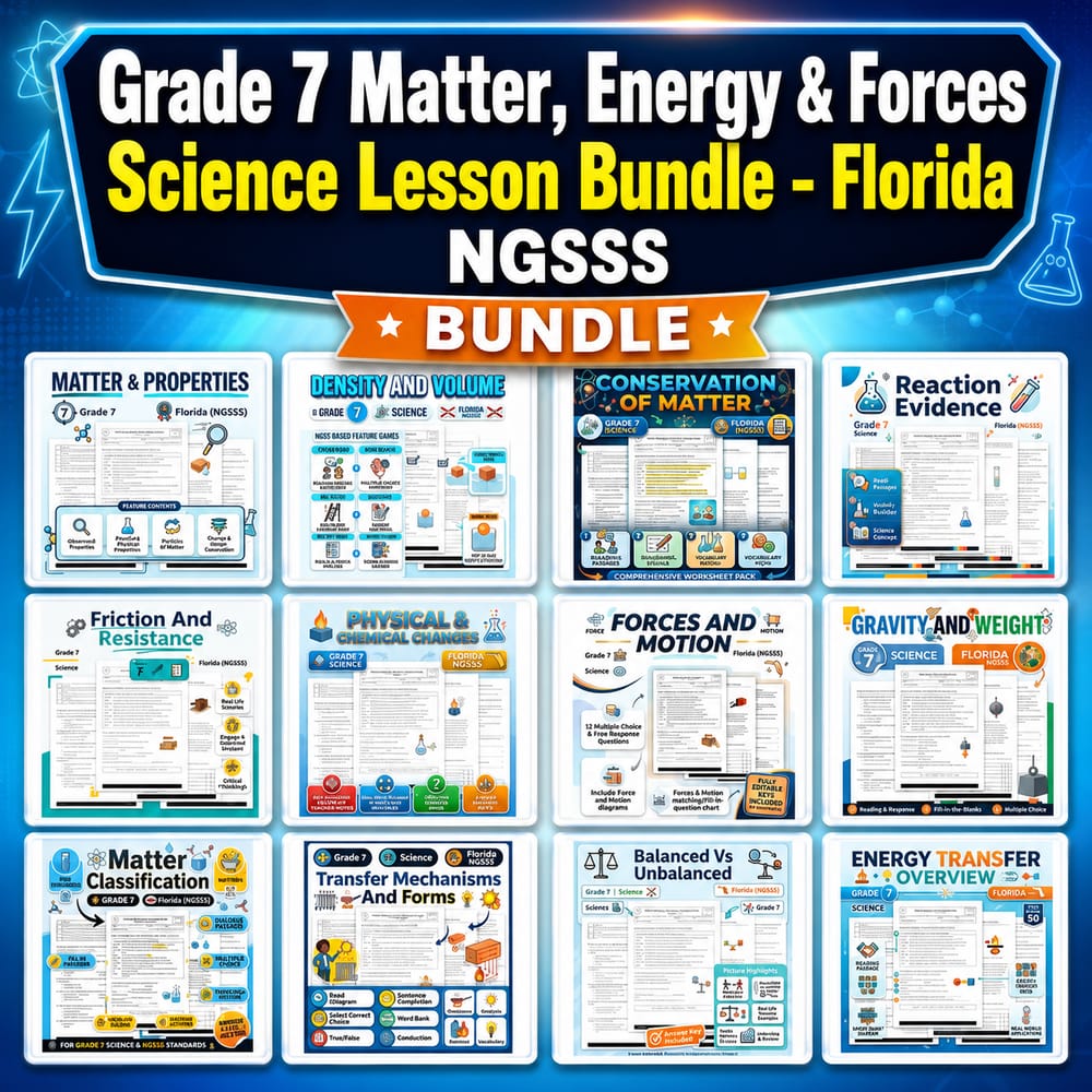 Grade 7 Matter, Energy & Forces Science Lesson Bundle – Florida NGSSS — bundle cover