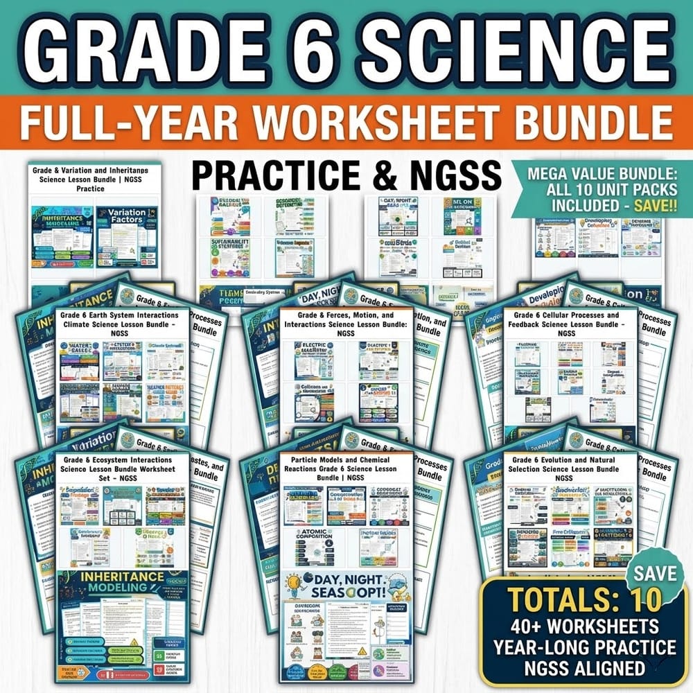Grade 6 Science Practice Science Full-Year Worksheet Bundle NGSS — bundle cover