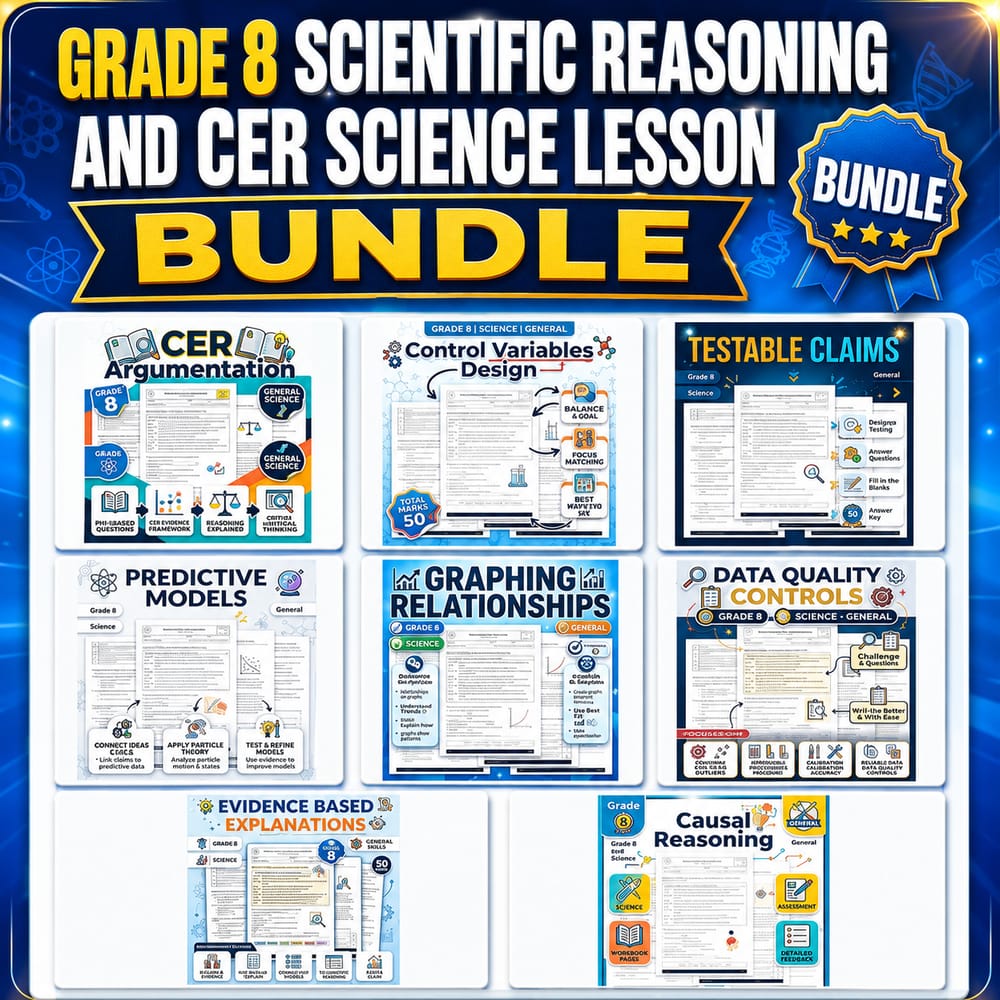 Grade 8 Scientific Reasoning and CER Science Lesson Bundle | General — bundle cover