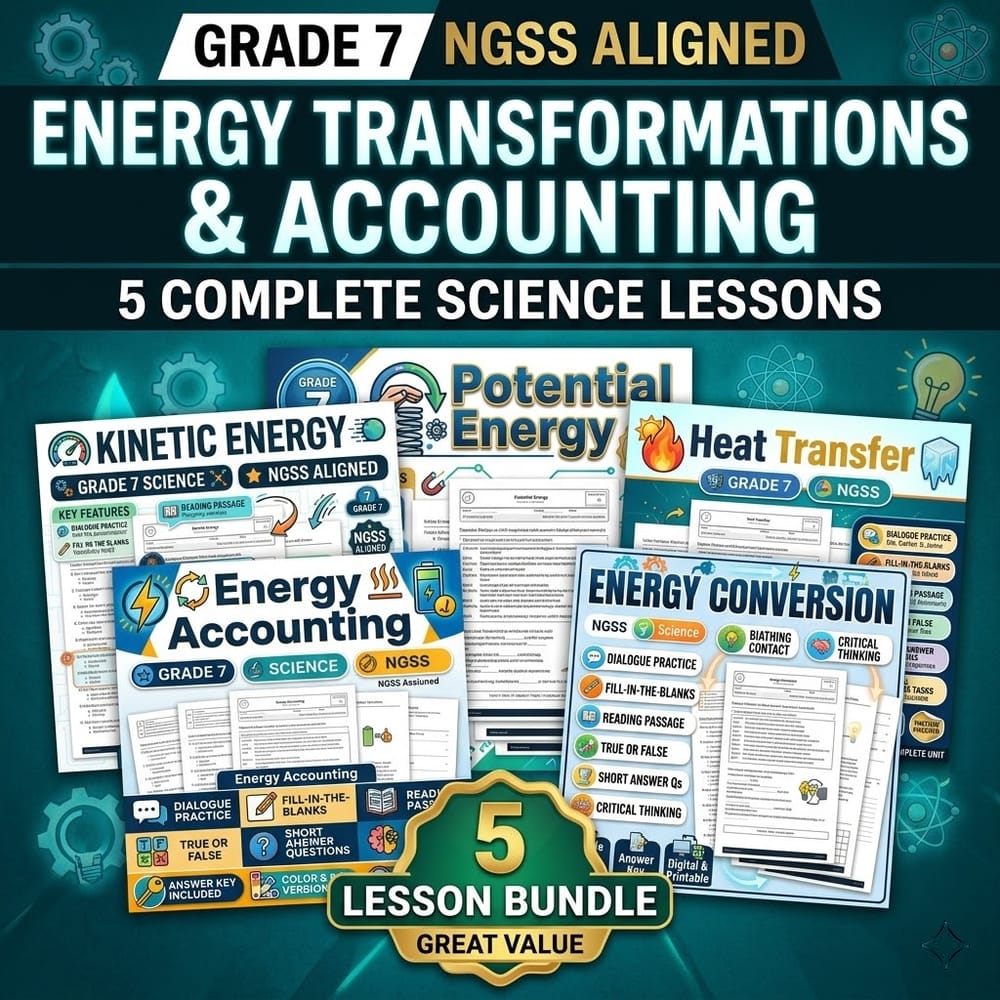 Grade 7: Energy Transformations and Accounting Science Lesson Bundle NGSS — bundle cover