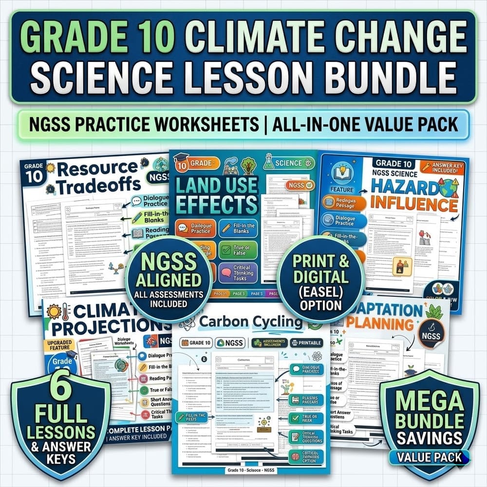 Grade 10 Climate Change Science Lesson Bundle | NGSS Practice Worksheets — bundle cover