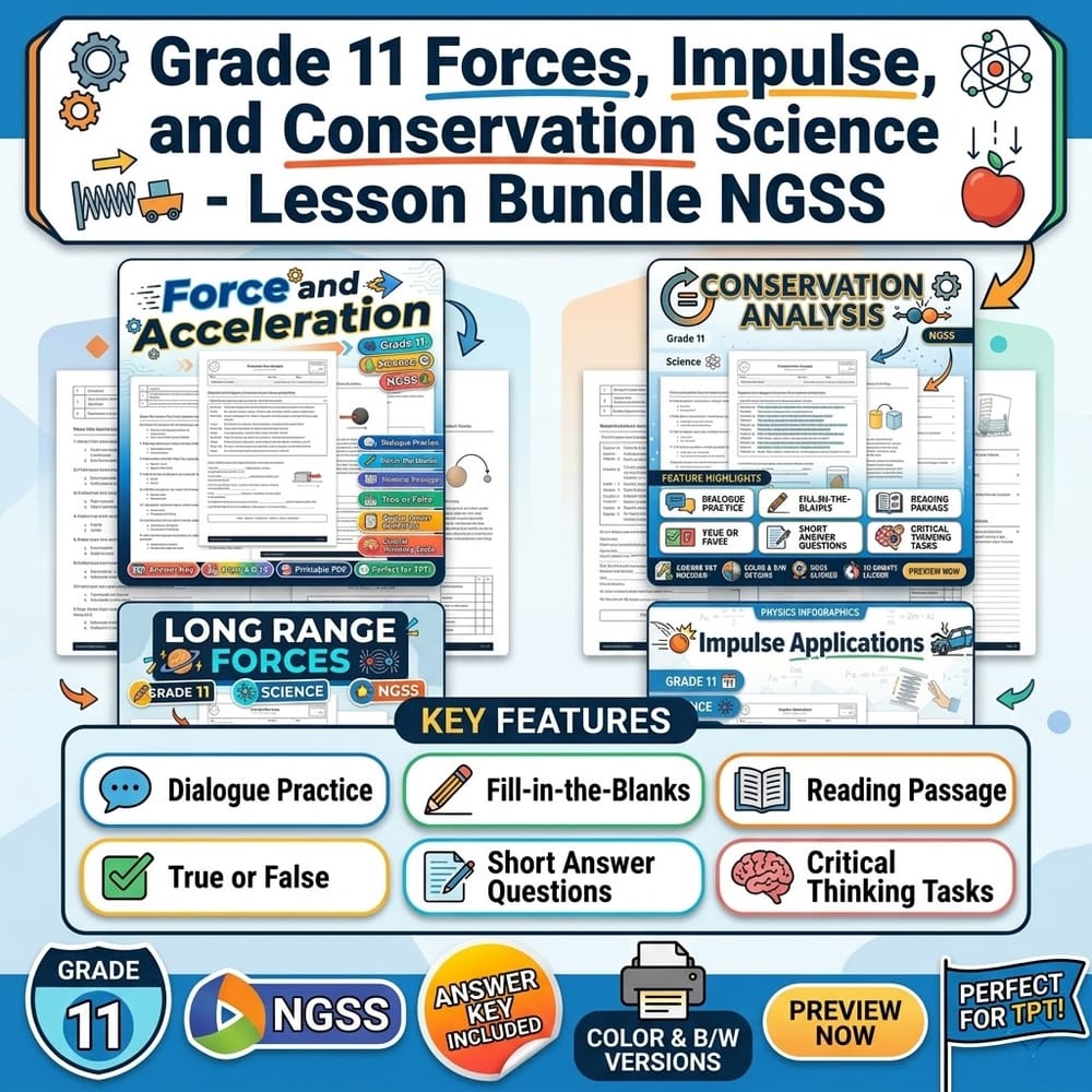 Grade 11 Forces, Impulse, and Conservation Science – Lesson Bundle NGSS — bundle cover