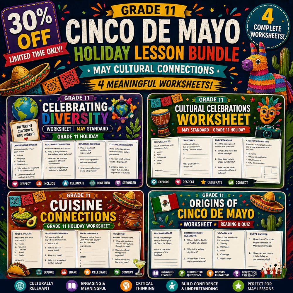 Cinco de Mayo : May Cultural Connections Worksheets : Grade 11 Holiday Bundle — bundle cover