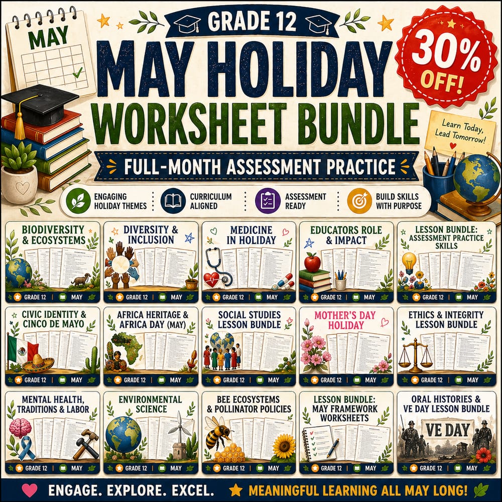 Grade 12 Holiday May Full-Month Worksheet Bundle for Assessment Practice — bundle cover