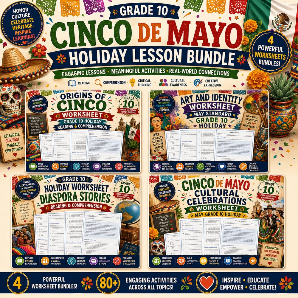 Grade 10 Cinco de Mayo Holiday Lesson Bundle – May Reading & Comprehension — bundle cover