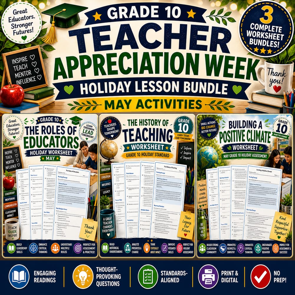 Grade 10 Teacher Appreciation Week Holiday Lesson Bundle: May Activities — bundle cover