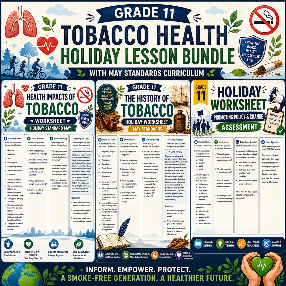 Grade 11 Tobacco Health Holiday Lesson Bundle with May Standards Curriculum — bundle cover