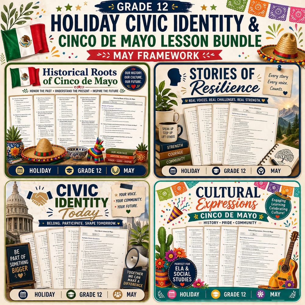 Grade 12 Holiday Civic Identity & Cinco de Mayo Lesson Bundle | May Framework — bundle cover