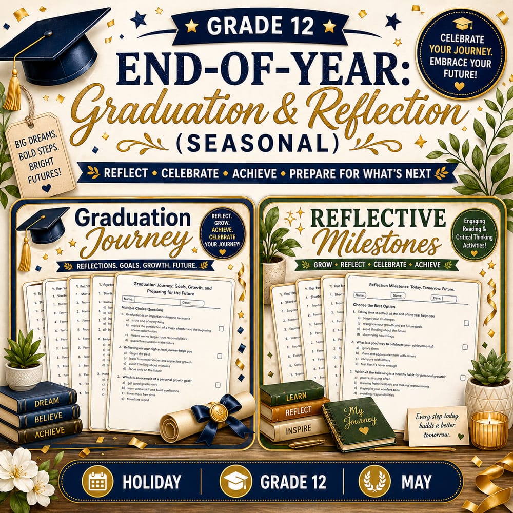 Grade 12 Holiday Lesson Bundle: End-of-Year: Graduation & Reflection Worksheets — bundle cover