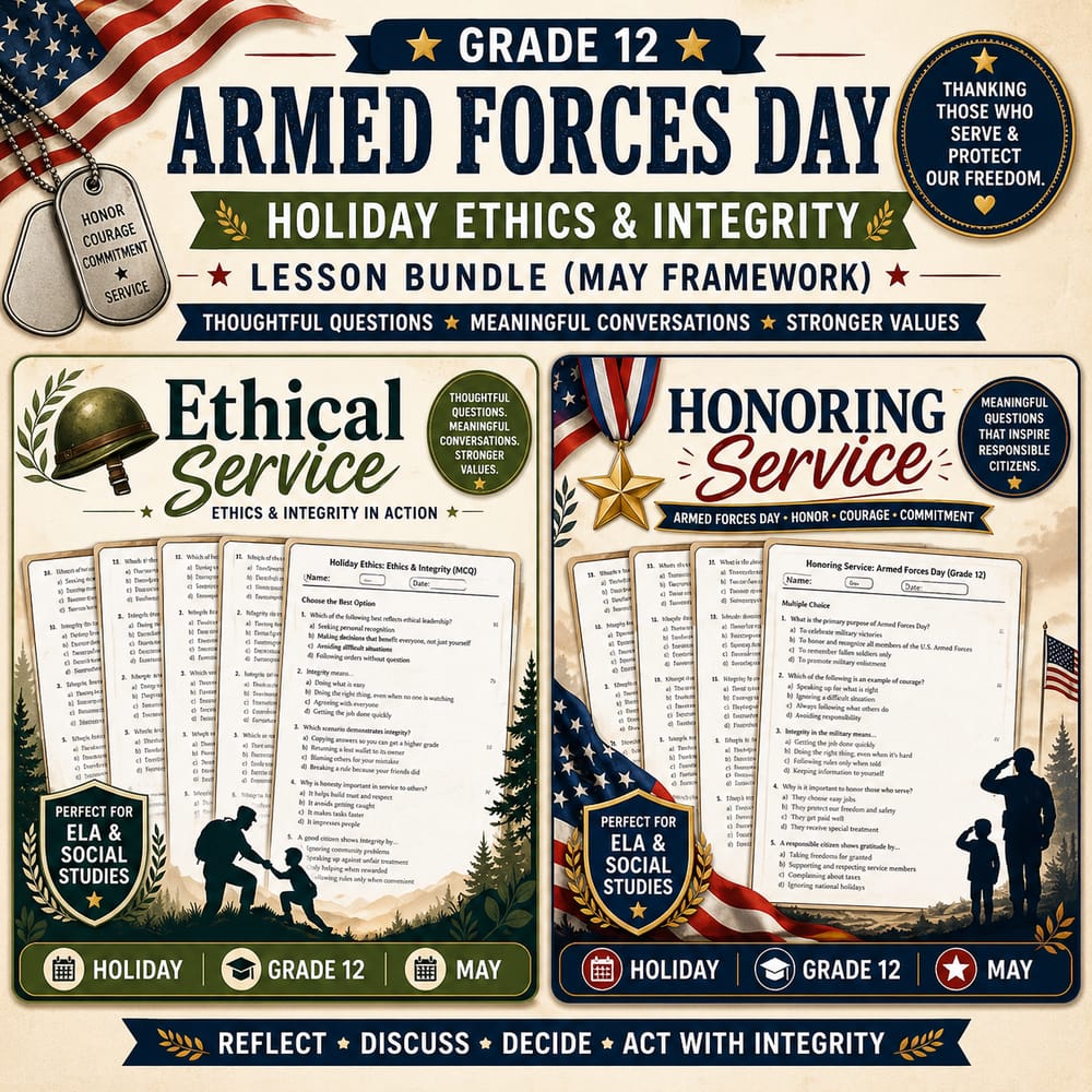 Holiday Ethics & Integrity for Grade 12: Armed Forces Day Lesson Bundle (May) — bundle cover