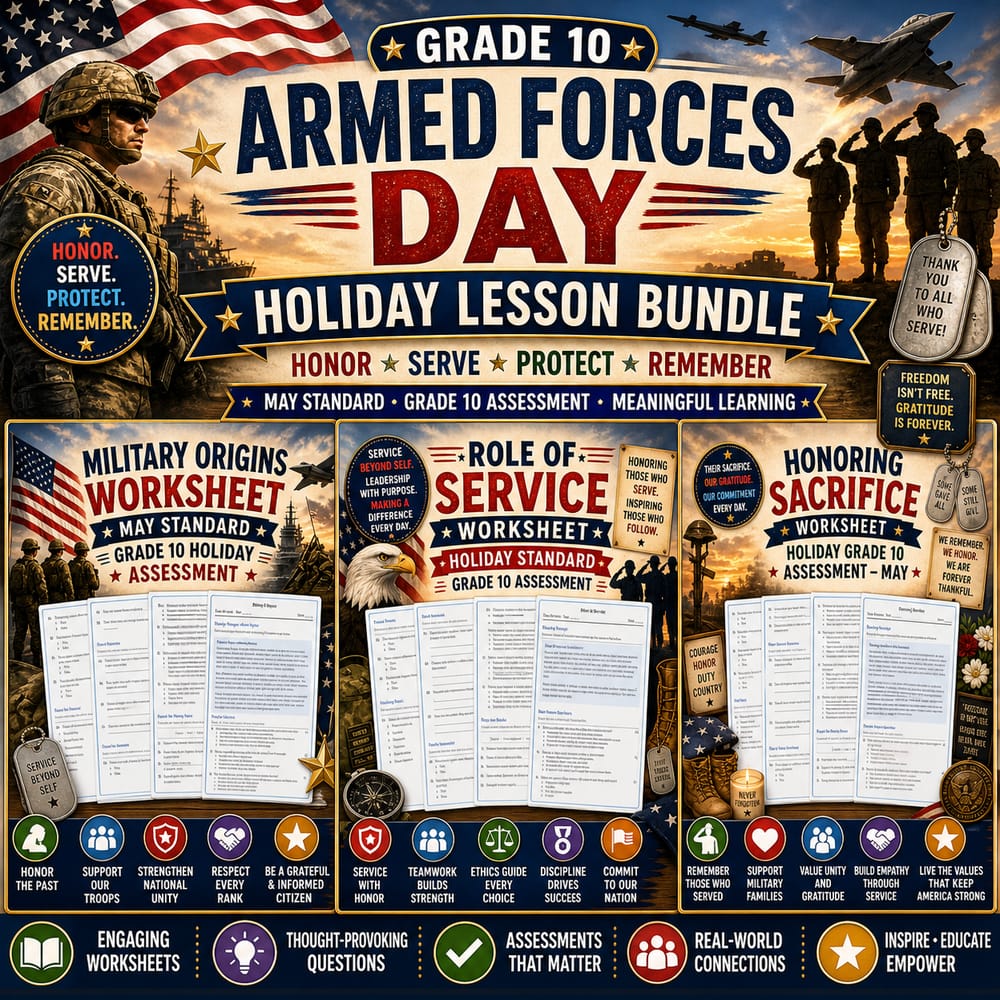 Grade 10 Armed Forces Day Holiday Lesson Bundle May Curriculum Resource — bundle cover