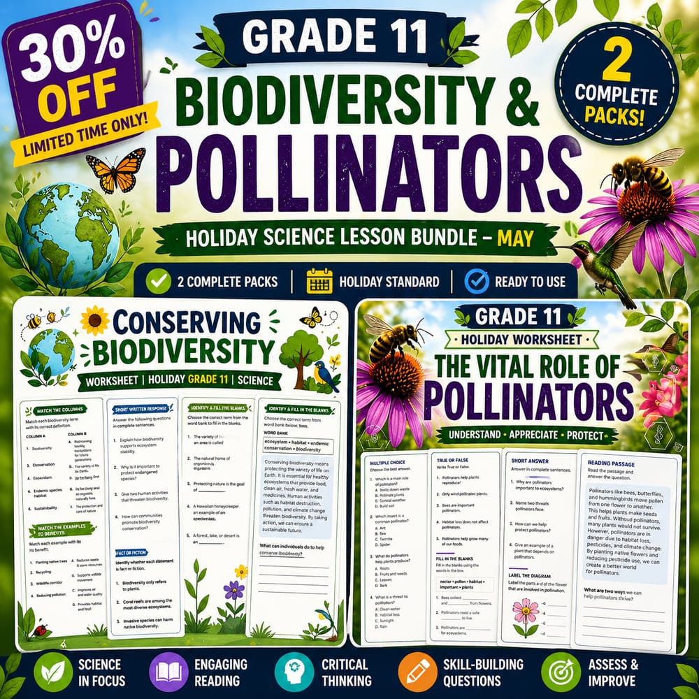 Grade 11 Biodiversity & Pollinators Holiday Science Lesson Bundle—May — bundle cover