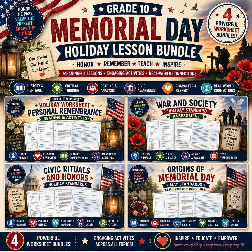 Grade 10 Memorial Day Holiday Lesson Bundle: May Framework Activities — bundle cover