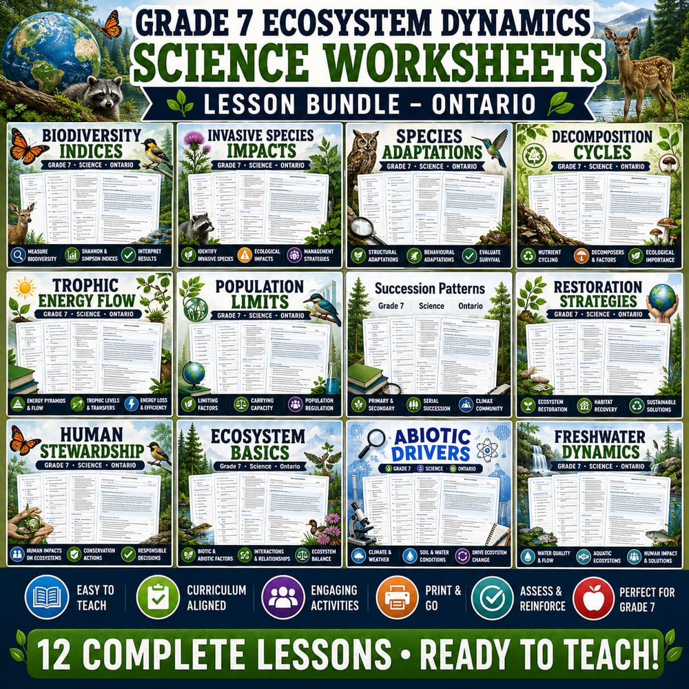 Grade 7 Ecosystem Dynamics Science worksheets lesson bundle Ontario — bundle cover