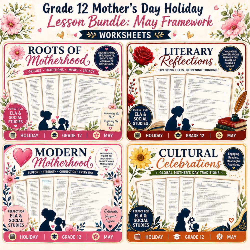 Grade 12 Mother’s Day Holiday Lesson Bundle: May Framework Worksheets — bundle cover