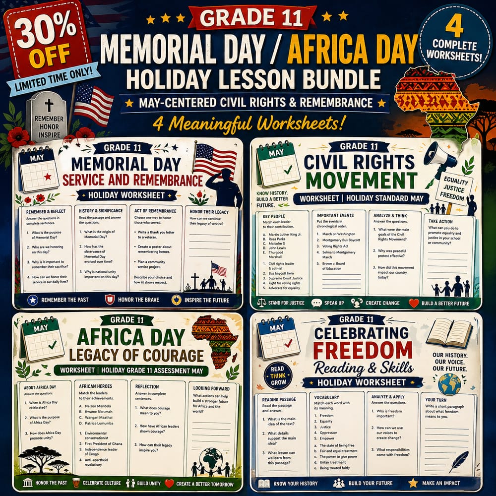 Memorial Day / Africa Day : May-Centered Civil Rights & Remembrance : Grade 11 — bundle cover