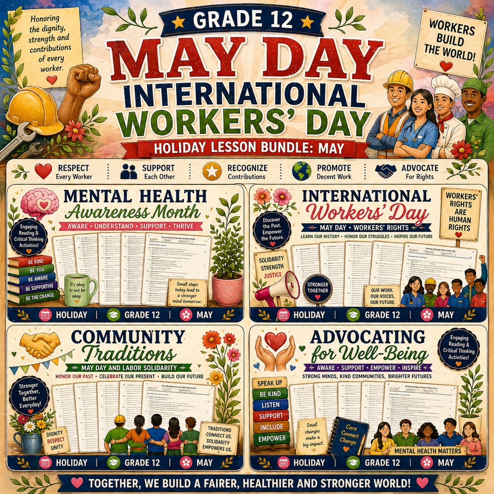 Grade 12: May Day Lesson Bundle: Mental Health, Traditions & Labor, Workers' Day — bundle cover