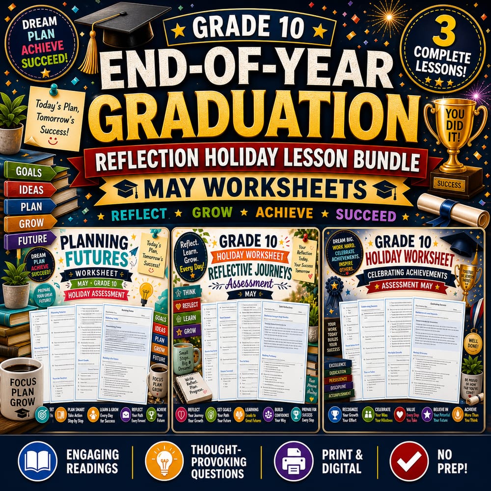 Grade 10 End-of-Year Graduation Reflection Holiday Lesson Bundle: May — bundle cover