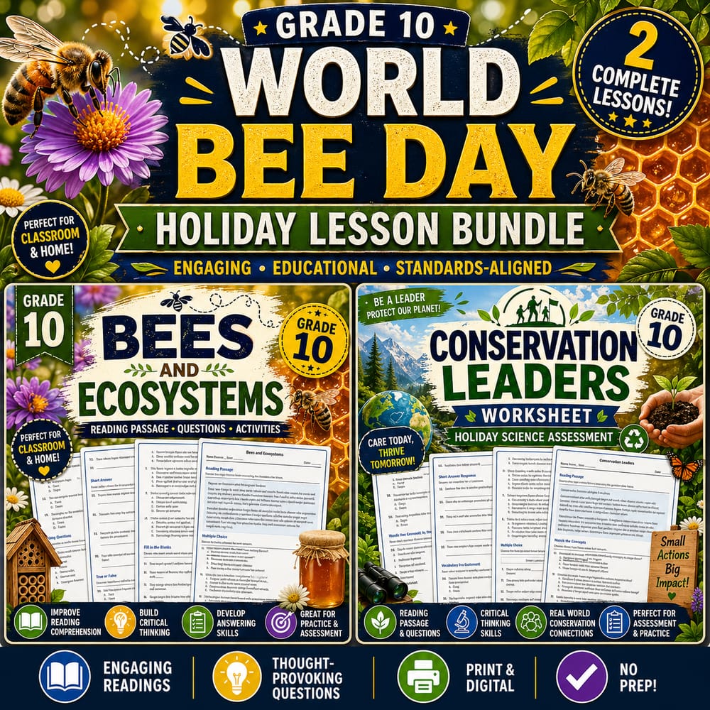 Grade 10 World Bee Day Holiday Lesson Bundle: May Assessments — bundle cover