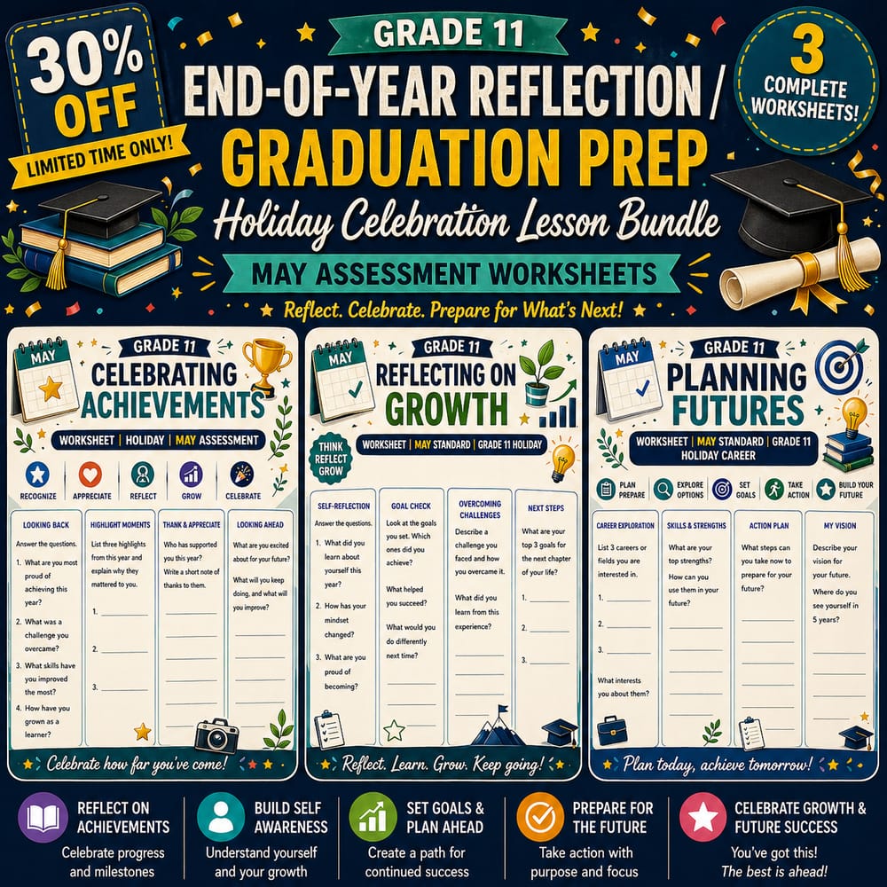 End-of-Year Reflection - Graduation Prep : Grade 11 Holiday Lesson Bundle — bundle cover