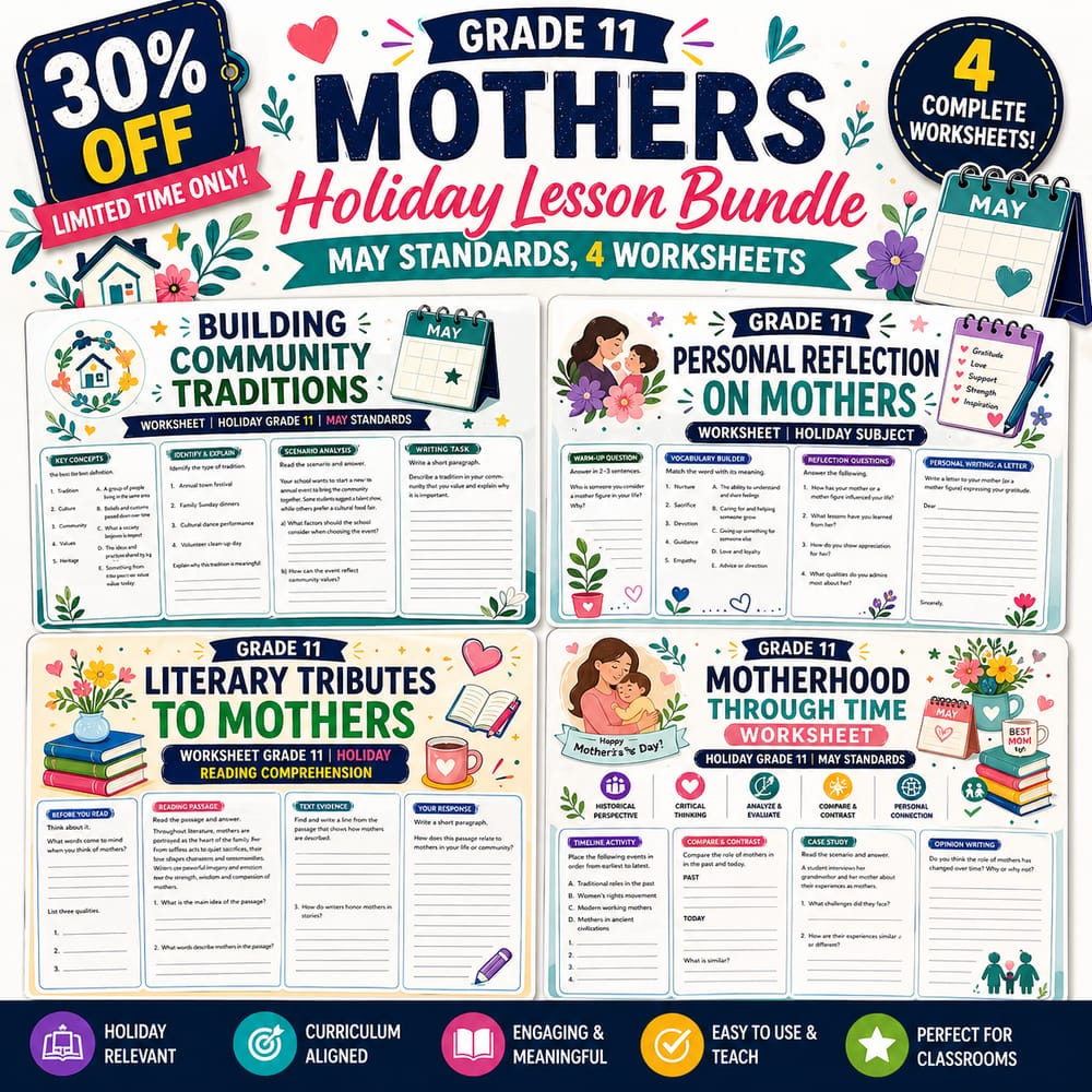 Grade 11 Mothers Holiday Lesson Bundle: May Standards, 4 Worksheets — bundle cover